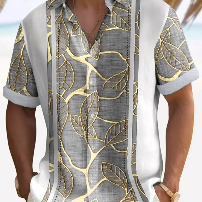 Alohadaddy Men's Plant Leaf Contrast Bowling Print Button Pocket Shirt