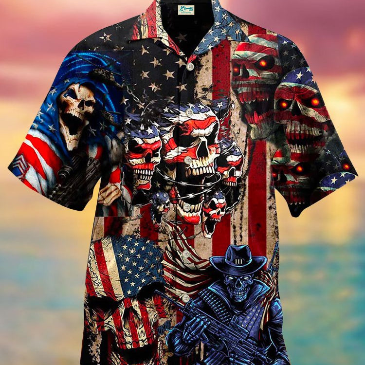 Chemise hawaïenne surdimensionnée de style cool avec tête de mort et fierté vintage américaine
