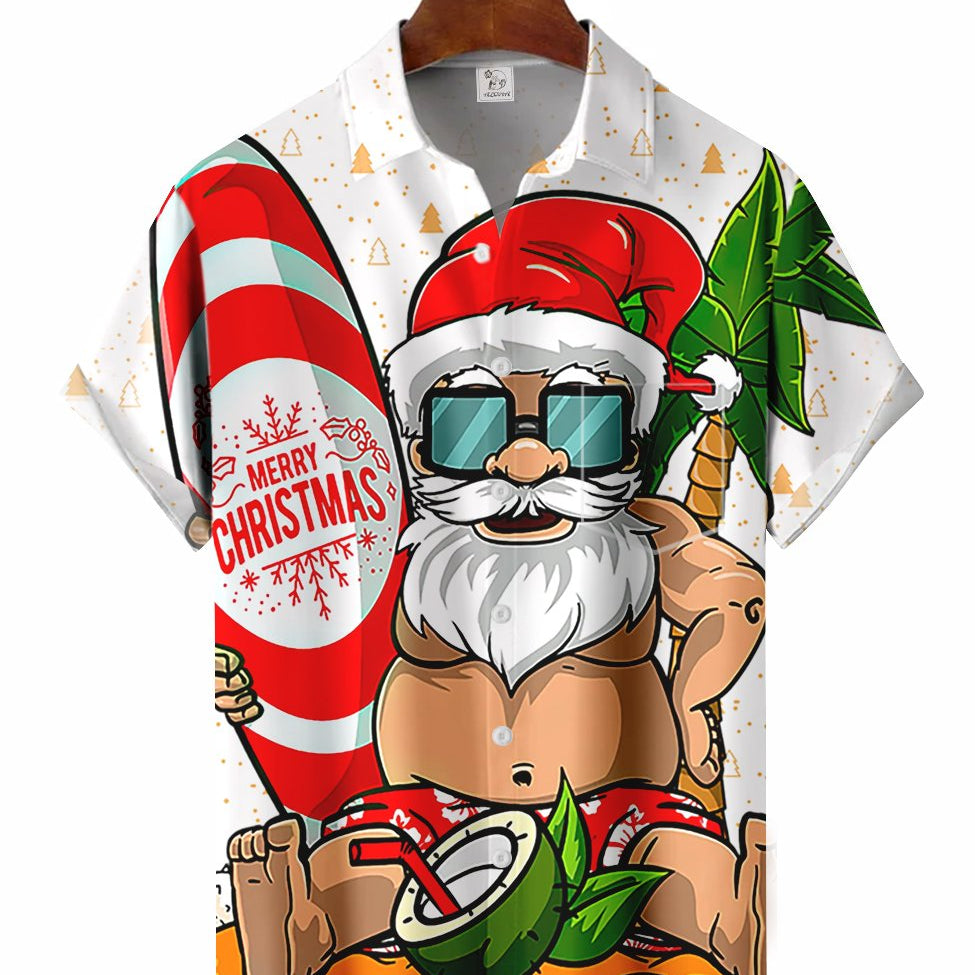 Men's Funny Santa Claus Printing Casual Short Sleeve Shirt