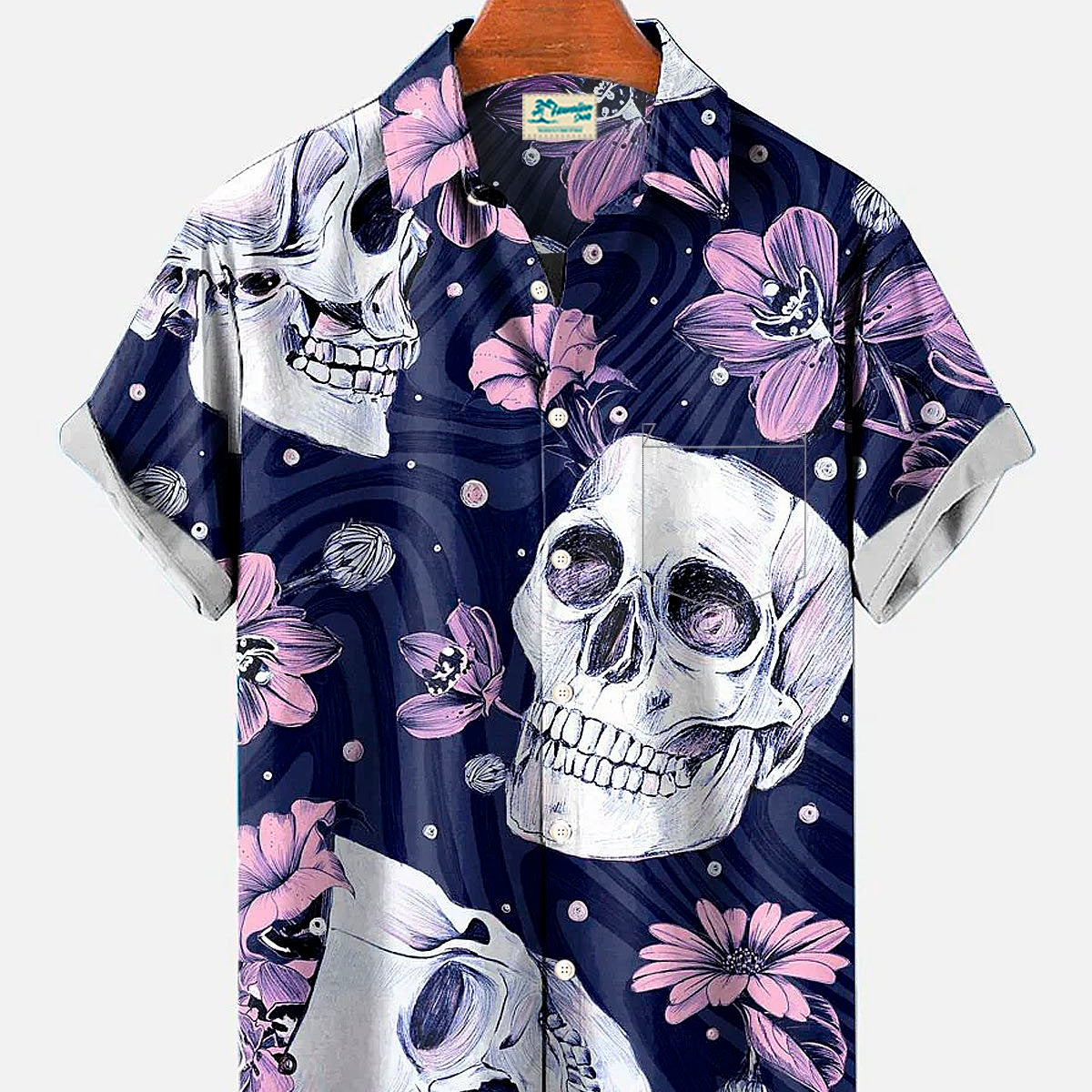 Chemise boutonnée à poche pour homme avec motif floral et tête de mort Alohadaddy