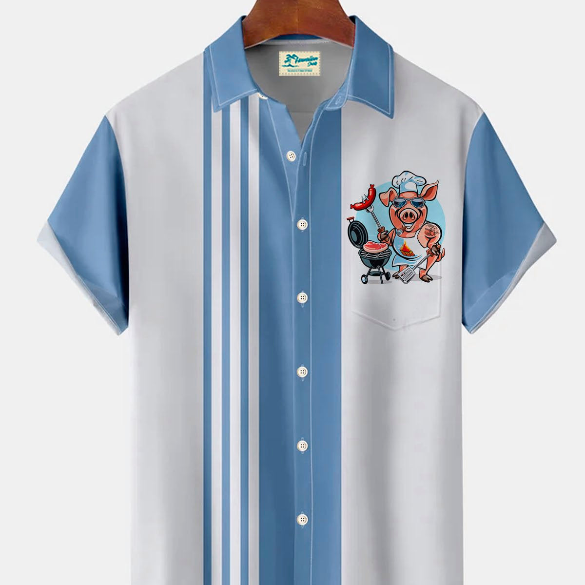 Alohadaddy Vintage Bowling Stripe BBQ Print Men's Button Pocket Shirt