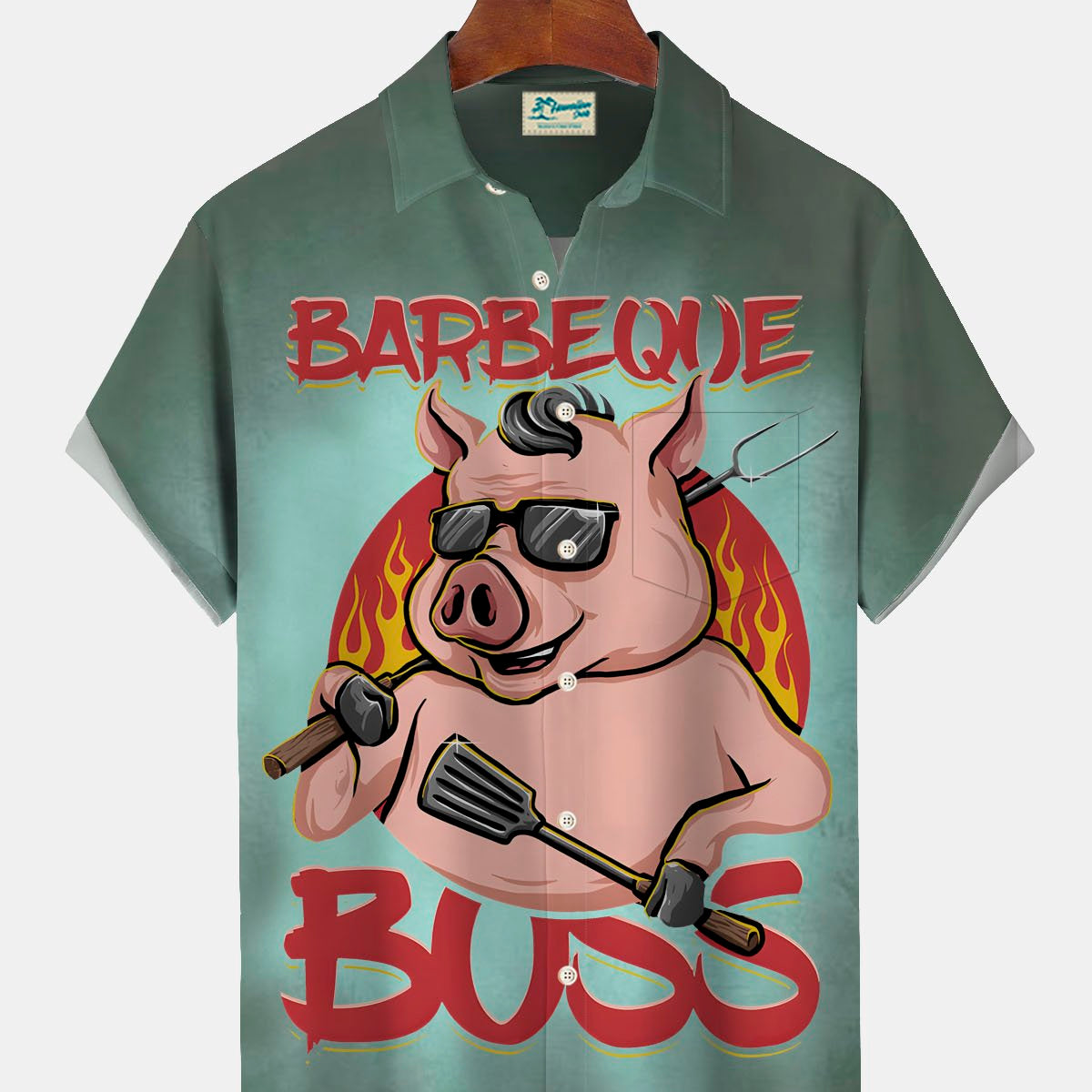 Alohadaddy Gradient Pig BBQ Print Men's Button Down Pocket Shirt