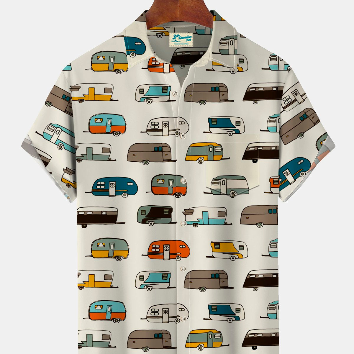 Alohadaddy Vintage Camper Cartoon Khaki Men's Hawaiian Shirts Pocket Camp Shirts Big Tall