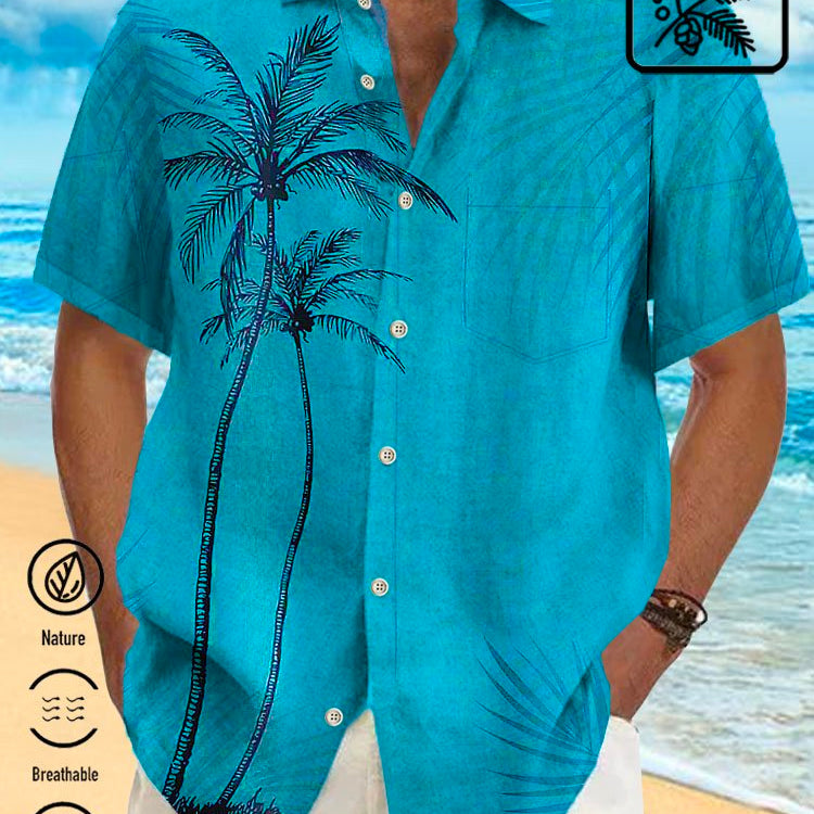Camisa hawaiana de algodón con bolsillos abotonados y diseño de árbol de coco azul helado para hombre de Alohadaddy