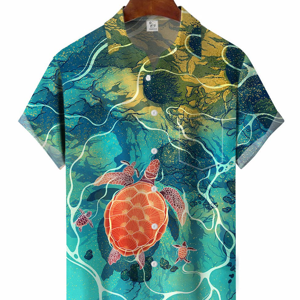 Men's Ocean Print Turtle Short Sleeve Hawaiian Shirt