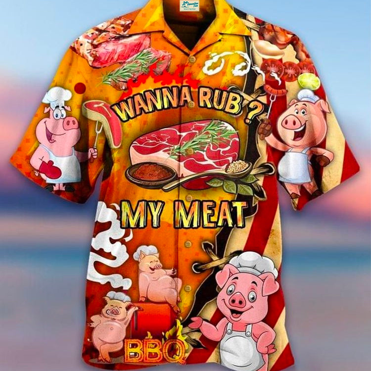 Men's Holiday Pork Food Wanna Rub My Meat Pattern Hawaiian Short Sleeve Button Up Shirt