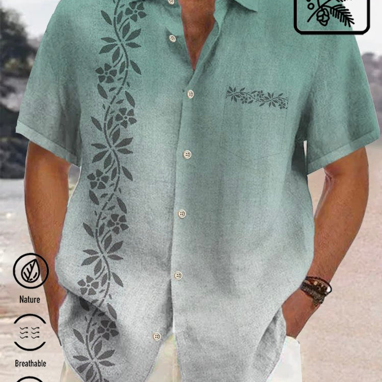 Camisa de algodón y lino con estampado de hojas ombré y bolsillos en el pecho de Alohadaddy, camisa de resort de talla grande