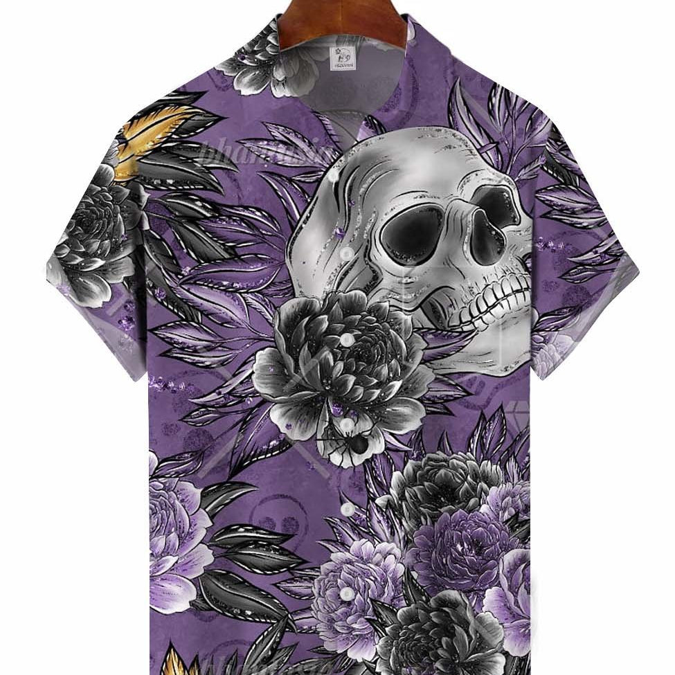 Men's Purple Hawaiian Floral Skull Short Sleeve Shirt