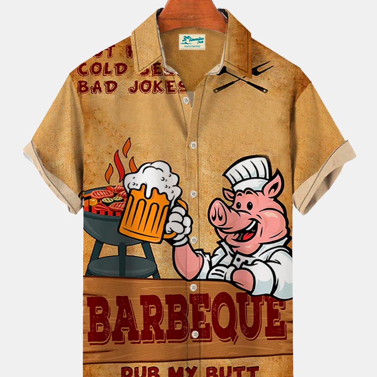Vintage Pull My Pork P-Chef With Beer BBQ Print Chest Bag Casual Shirt Plus Size Shirt