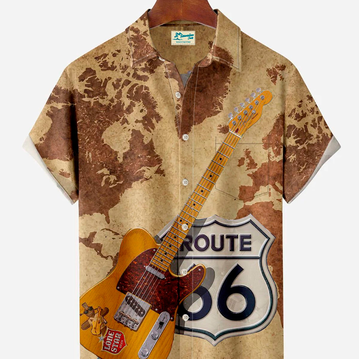 Alohadaddy Music Instrument Map Route 66 Men's Bowling Button Pocket Shirt