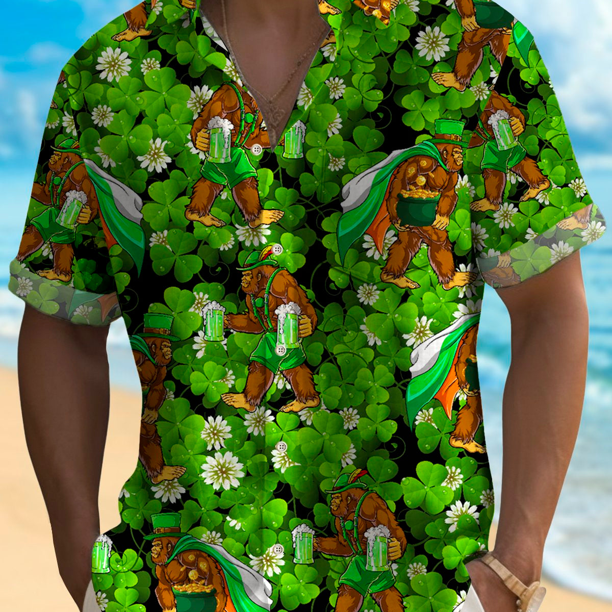 Alohadaddy St. Patrick's Green Men's Hawaiian Shirts Big Foot Easy Care Aloha Camp Pocket Shirts Plus Size