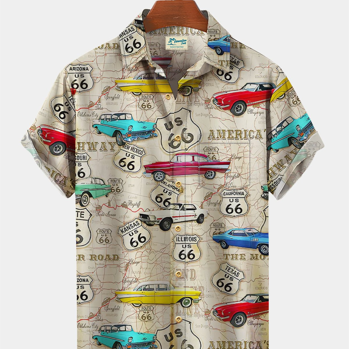 Alohadaddy Vintage Route 66 Western Print Chest Pocket Vintage Shirt Plus Size Printed Shirt