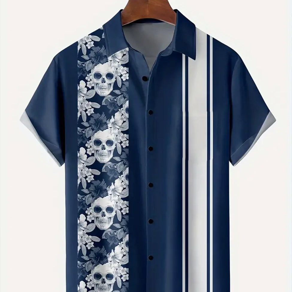 Chemises de bowling décontractées en coton mélangé à motif de crâne bleu foncé Alohadaddy, grande taille