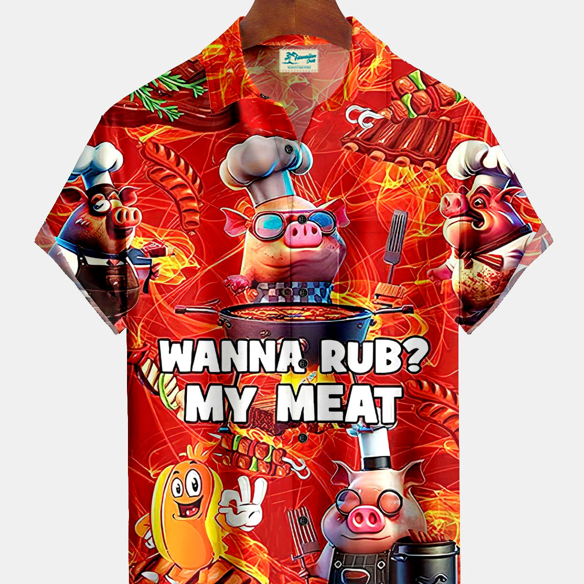 Alohadaddy I Rub My Meat Before I Stick It in BBQ Pig Print Beach Men's Hawaiian Oversized Shirt with Pockets