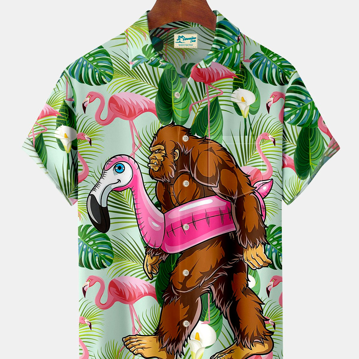 Alohadaddy Flamingo Bigfoot Print Beach Men's Hawaiian Oversized Shirt with Pockets