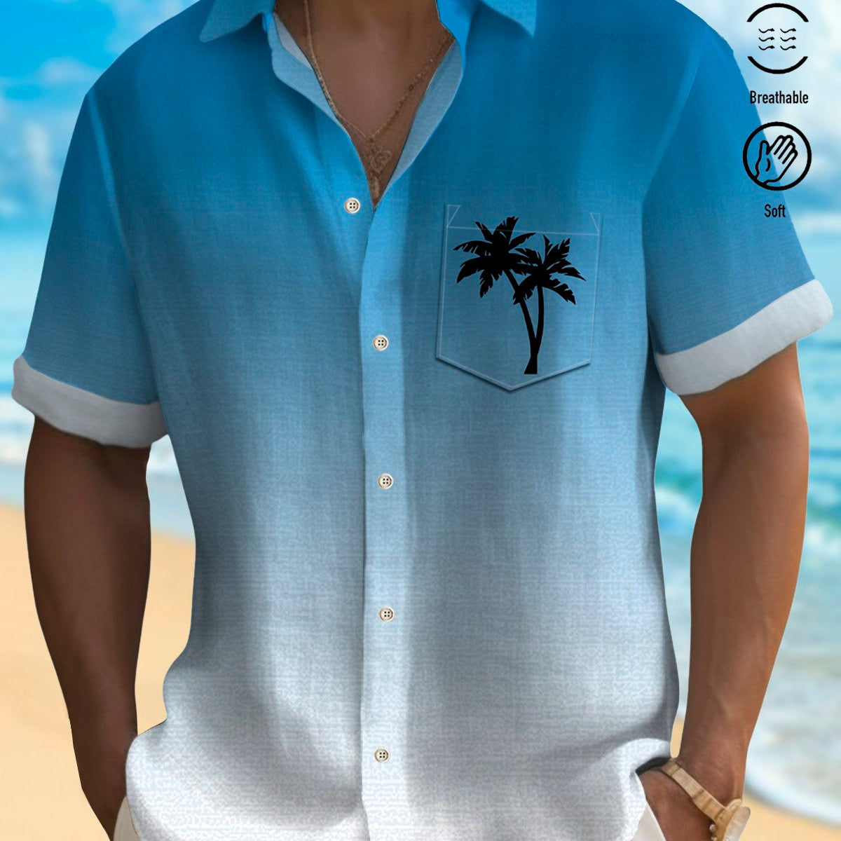 Alohadaddy Men's Gradient Coconut Tree Print Button Pocket Shirt