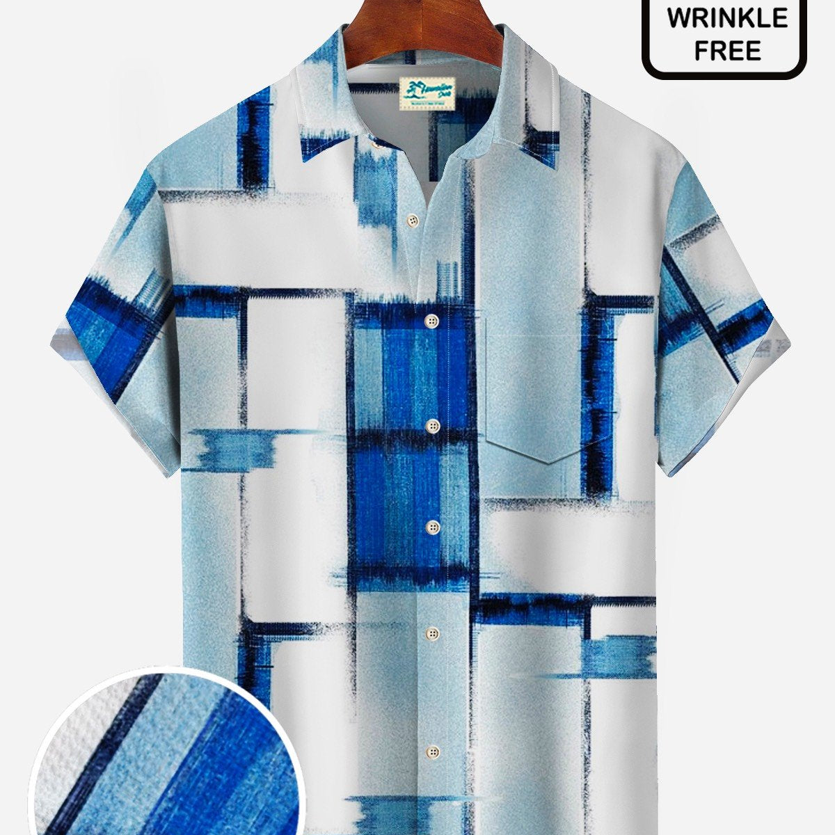 Alohadaddy 50’s Retro Mid-Century Geometric Art Blue Men's Hawaiian Shirts Wrinkle Free Seersucker Easy Care Pocket Camp Shirts
