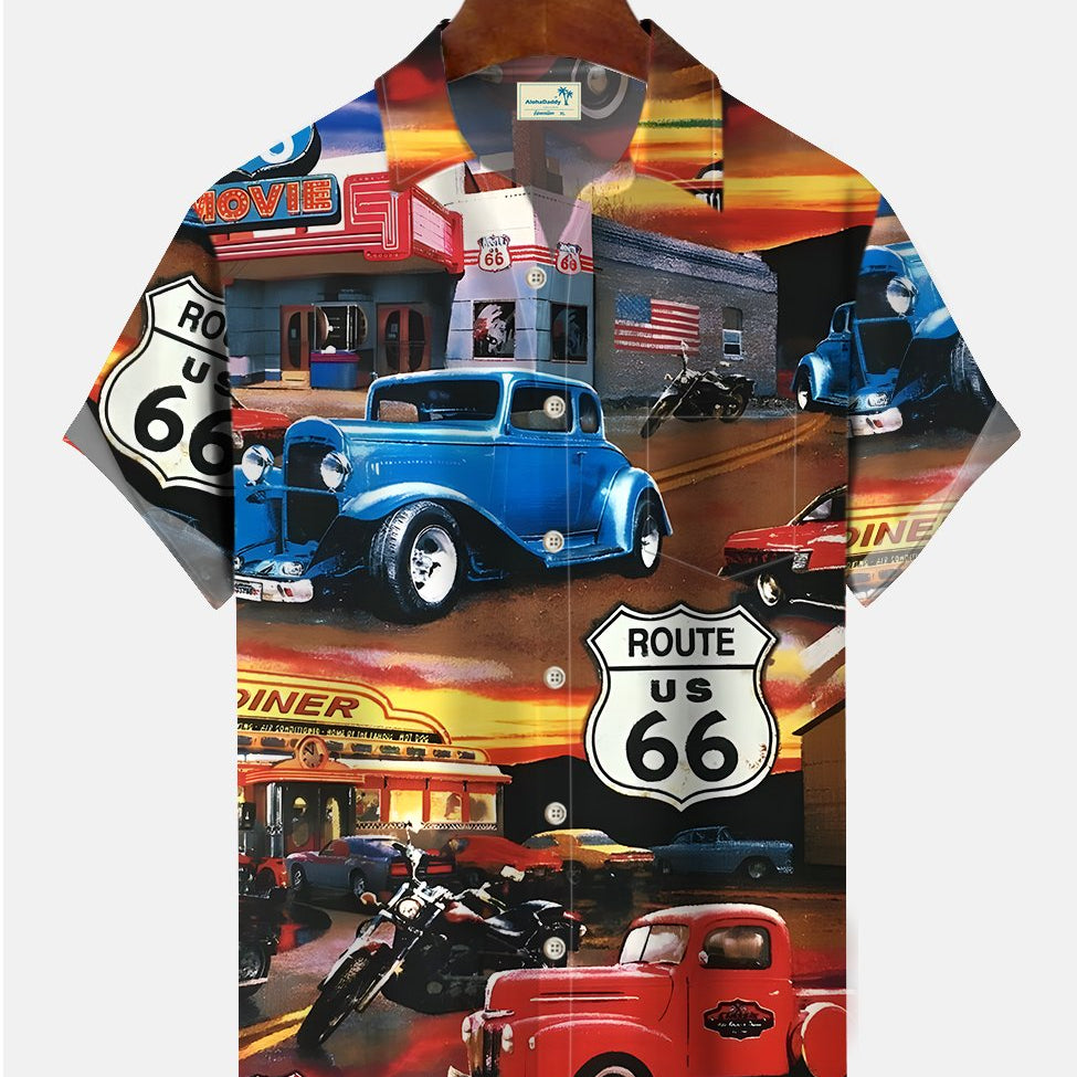 Alohadaddy Mens U.S. Route 66 Print Casual Breathable Chest Pocket Short Sleeve Hawaiian Shirts