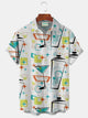 Alohadaddy® Mid-Century Geometric Cocktail Print Men's Lapel Pocket Short Sleeve Shirt Big & Tall