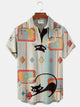 Alohadaddy® Men's Medieval Geometric Cat Print Lapel Pocket Short Sleeve Shirt Big & Tall