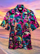 Alohadaddy Beach Vacation Retro Cartoon Floral Purple Men's Hawaiian Shirts Stretch Plus Size Aloha Camp Pocket Shirts