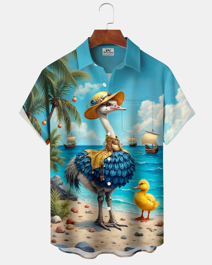 Alohadaddy® Beach Retro Hawaiian Sailboat Ostrich Duck Vacation Shirt