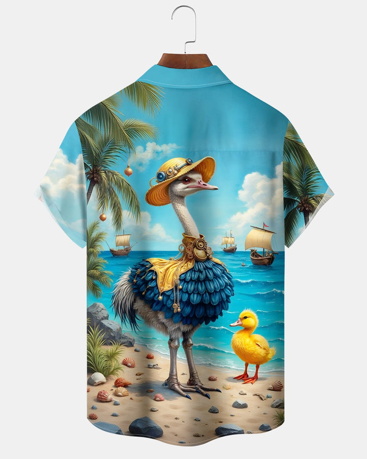 Alohadaddy® Beach Retro Hawaiian Sailboat Ostrich Duck Vacation Shirt