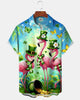 Alohadaddy® Retro St. Patrick's Day Flamingo and Four-Leaf Clover Floral Shirt