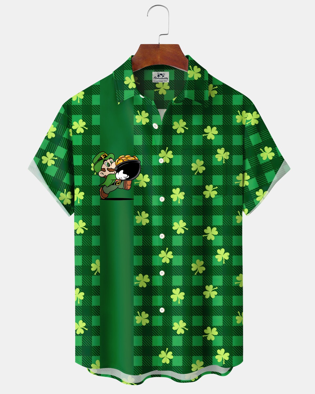 Alohadaddy® St. Patrick's Day Four-Leaf Clover Plaid Vintage Bowling Shirt