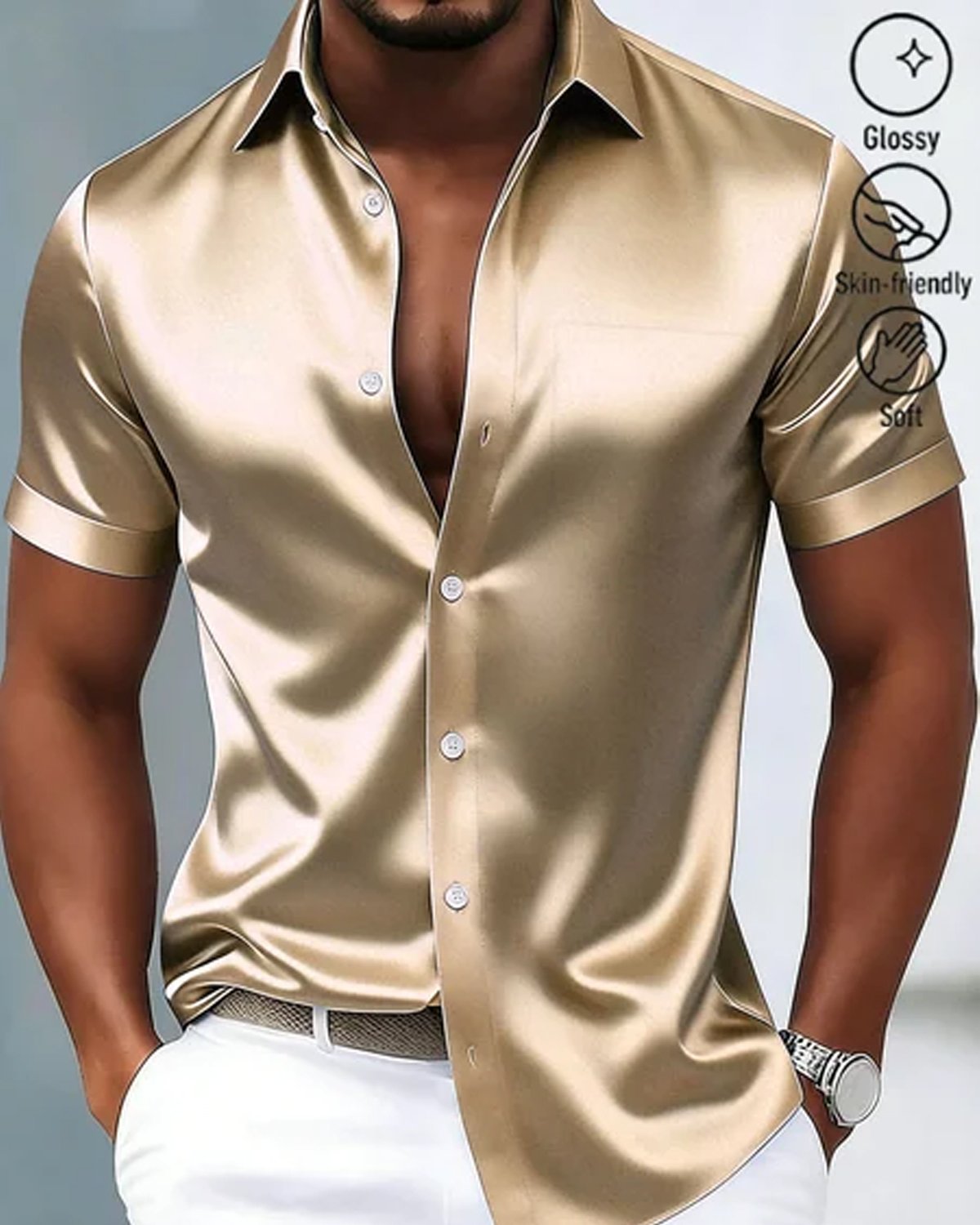 Alohadaddy®  Retro Satin Glossy Printed Men's Button-Down Short-Sleeve Shirt Big & Tall