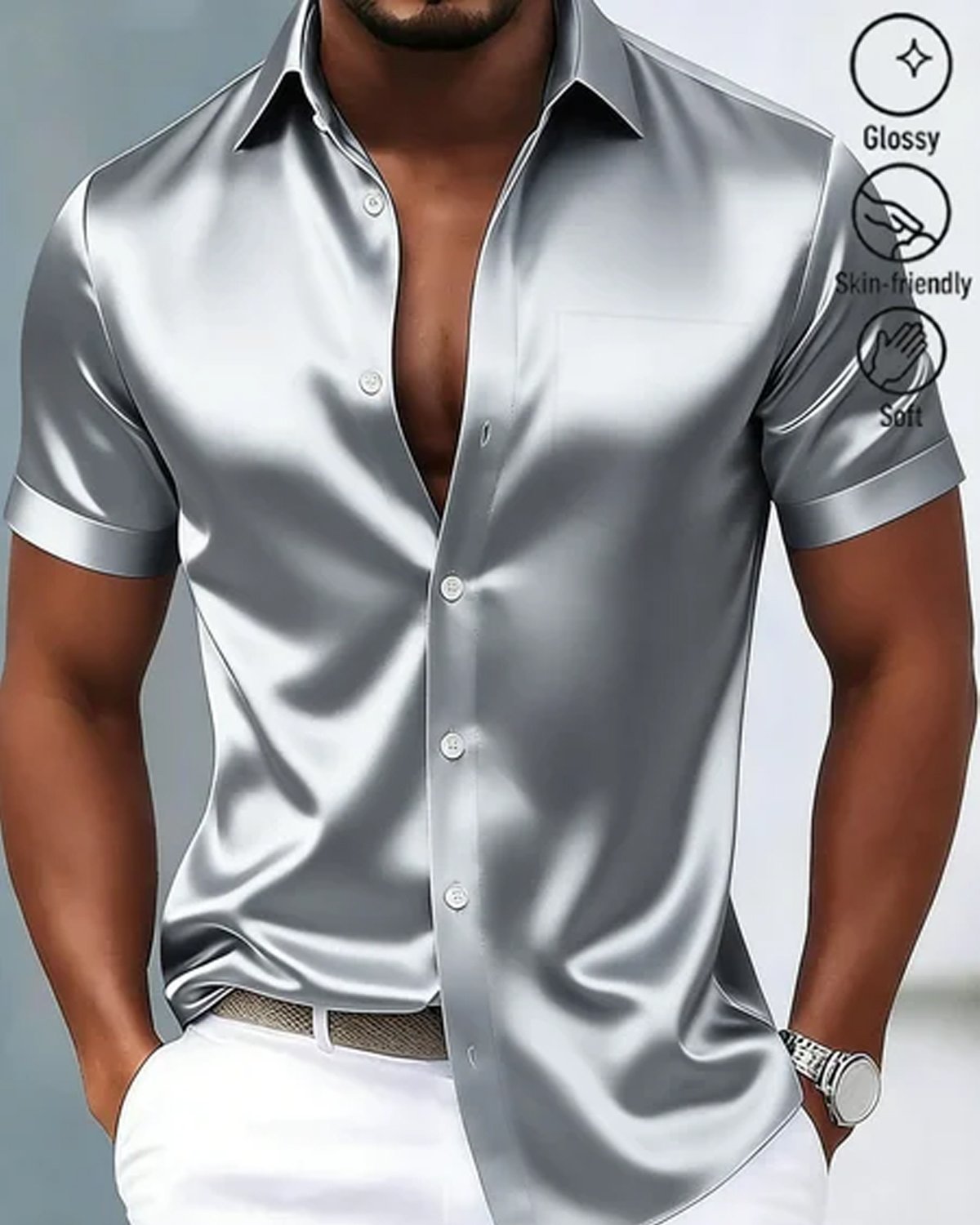 Alohadaddy®  Retro Satin Glossy Printed Men's Button-Down Short-Sleeve Shirt Big & Tall