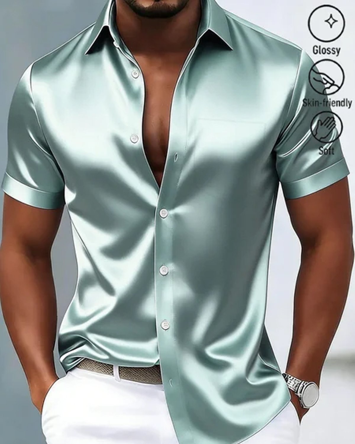 Alohadaddy®  Retro Satin Glossy Printed Men's Button-Down Short-Sleeve Shirt Big & Tall