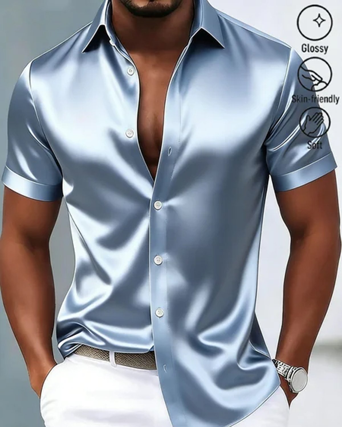 Alohadaddy®  Retro Satin Glossy Printed Men's Button-Down Short-Sleeve Shirt Big & Tall