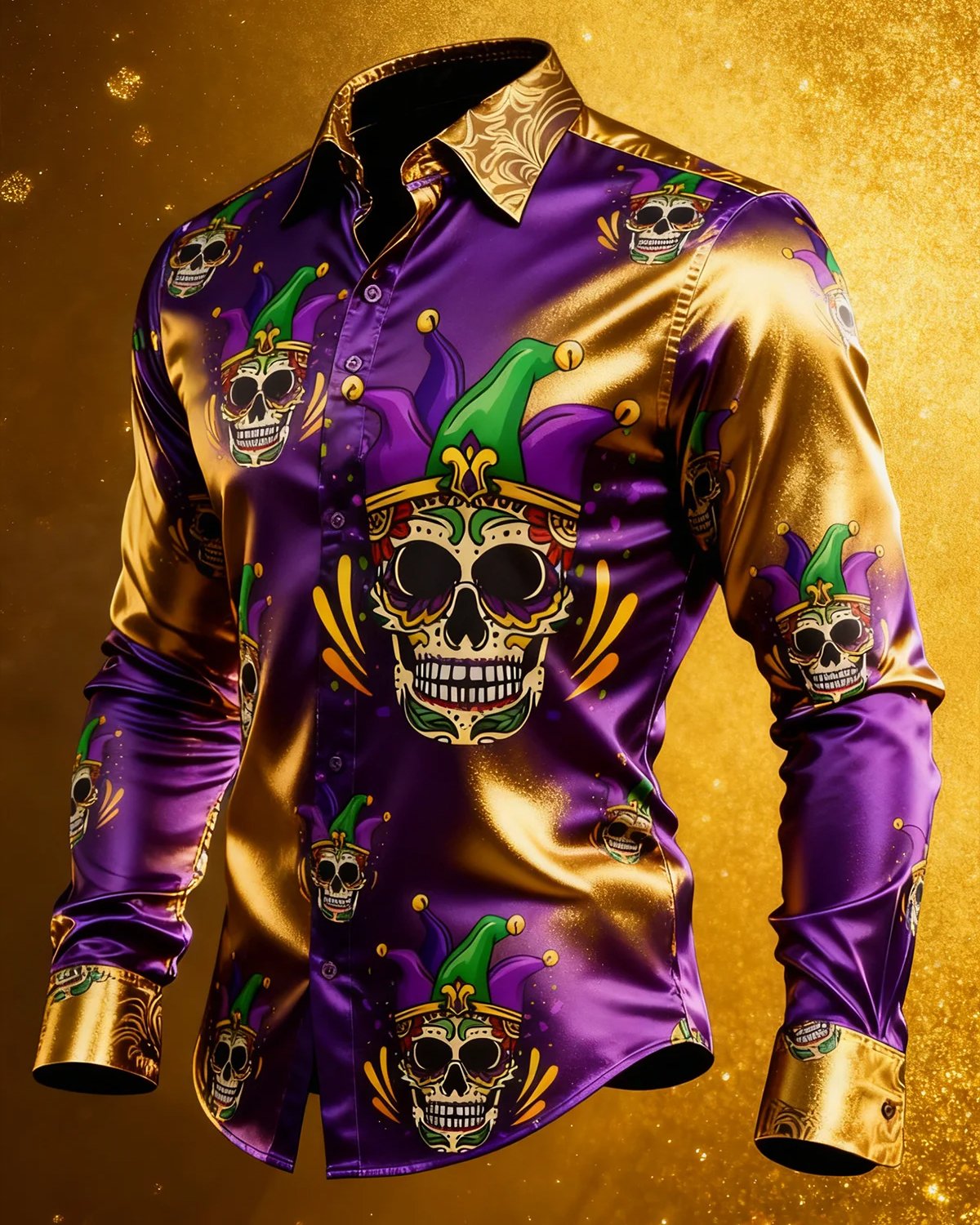 Alohadaddy® Retro Holiday Carnival Skull Print Button-Down Long-Sleeve Vacation Shirt