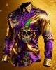 Alohadaddy® Retro Holiday Carnival Skull Print Button-Down Long-Sleeve Vacation Shirt