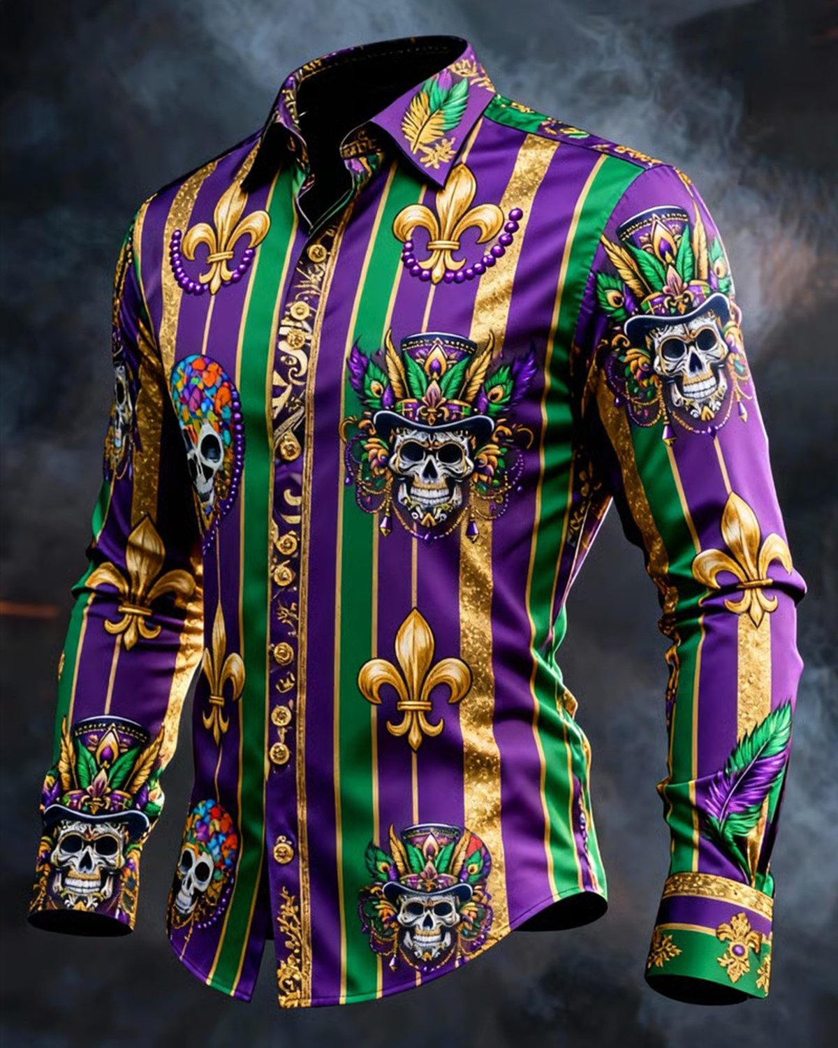 Alohadaddy® Retro Geometric Holiday Carnival Skull Button-Down Long-Sleeve Shirt