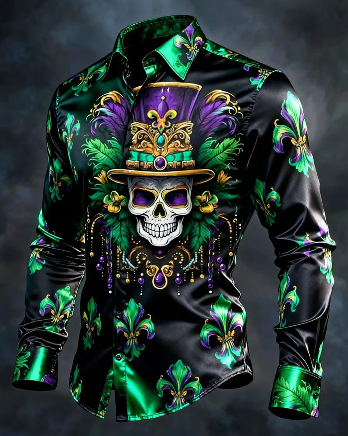 Alohadaddy® Retro Carnival Skull Abstract Gradient Button-Down Long-Sleeve Shirt