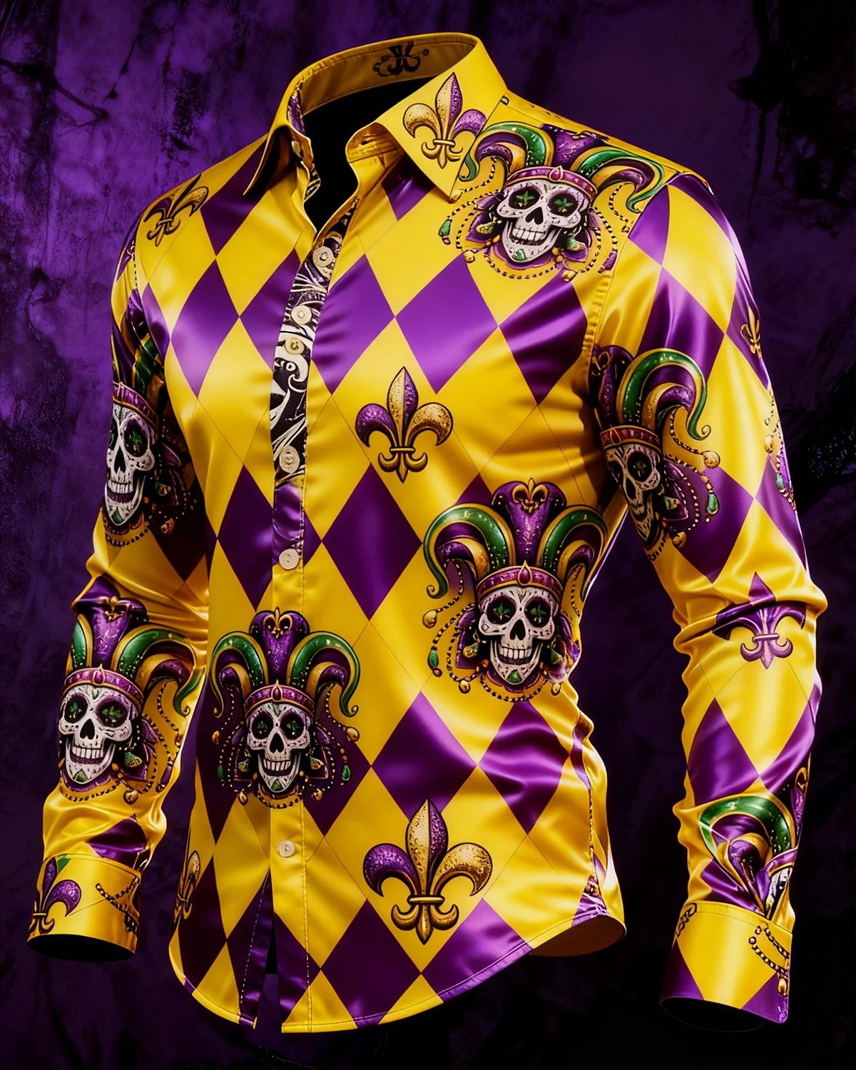 Alohadaddy® Retro Carnival Skull Geometric Diamond Pattern Button-Down Long-Sleeve Shirt