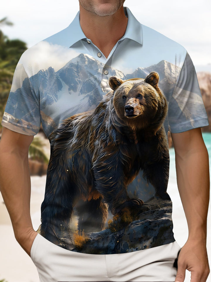 Alohadaddy® Retro Bear Snow Mountain Forest Short-Sleeved Polo Shirt