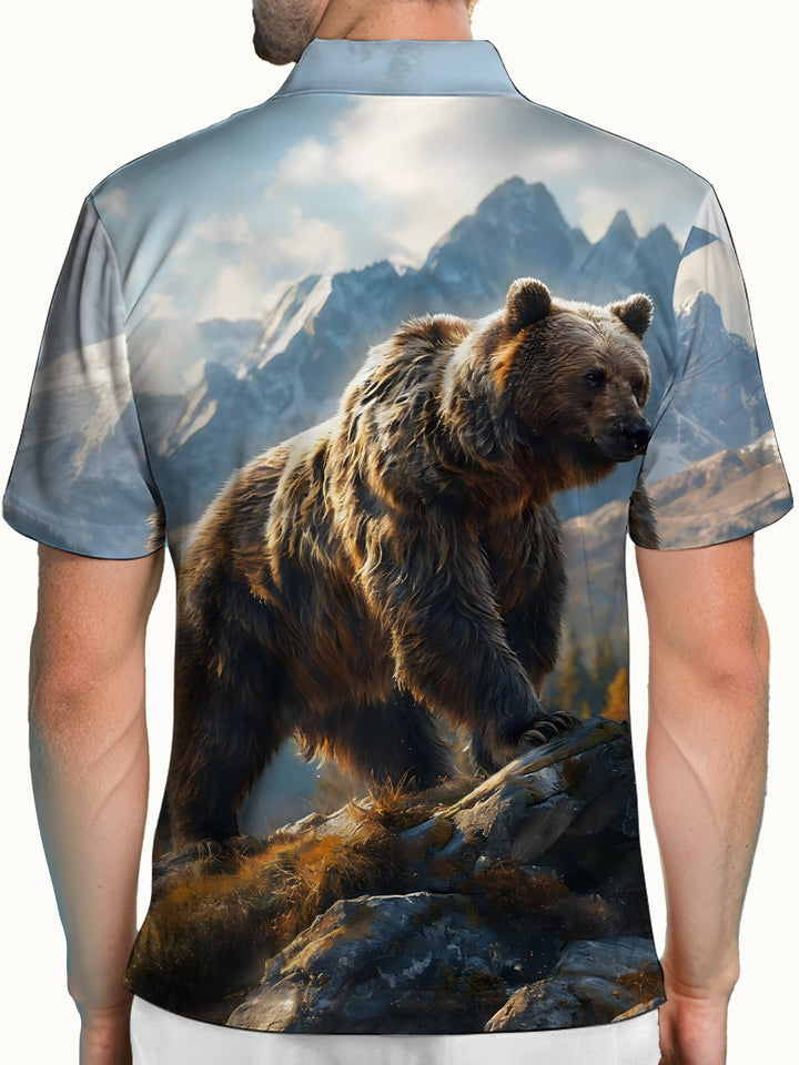 Alohadaddy® Retro Bear Snow Mountain Forest Short-Sleeved Polo Shirt