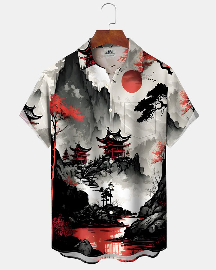 Alohadaddy® Retro Ink Painting Tie-Dye Landscape Ukiyo-e Hawaiian Shirt