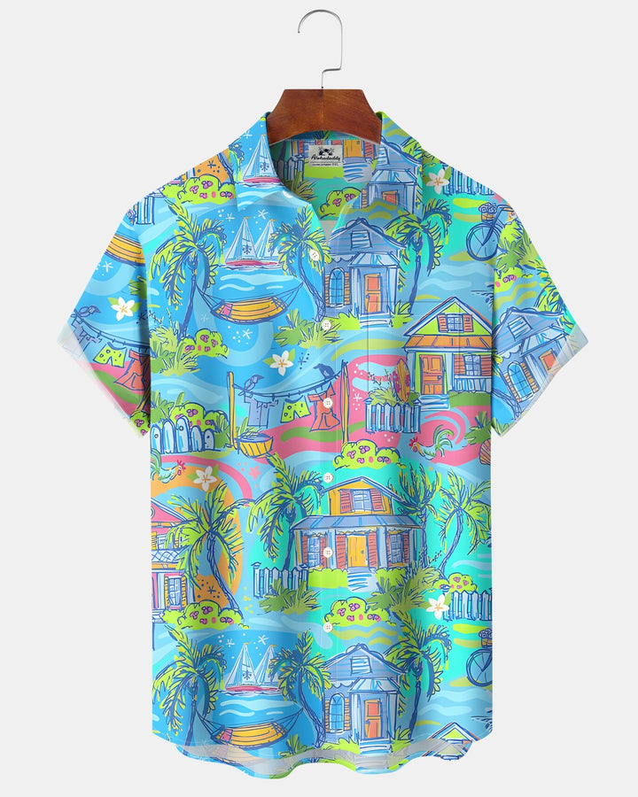 Alohadaddy® Hawaiian Coconut Tree and Floral Print Retro Shirt