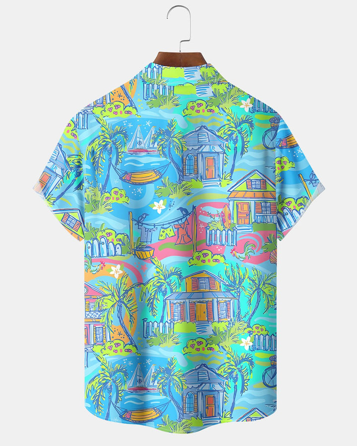 Alohadaddy® Hawaiian Coconut Tree and Floral Print Retro Shirt