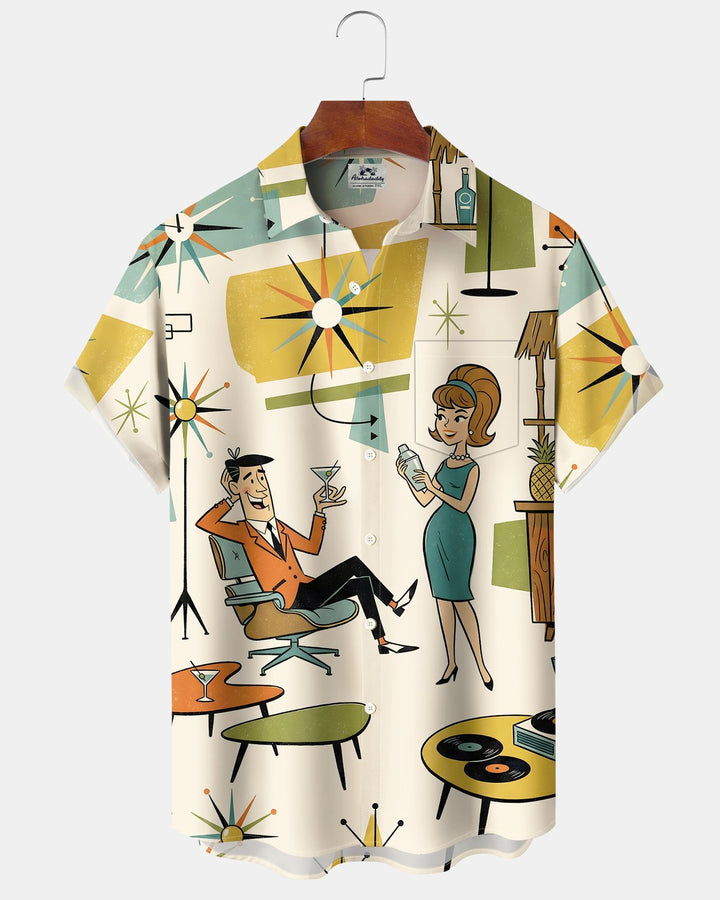 Alohadaddy® Retro Atomic Mid-Century Geometric Cocktail Short-Sleeve Shirt