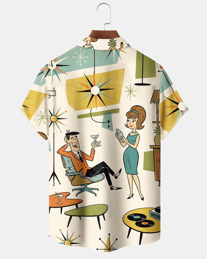 Alohadaddy® Retro Atomic Mid-Century Geometric Cocktail Short-Sleeve Shirt
