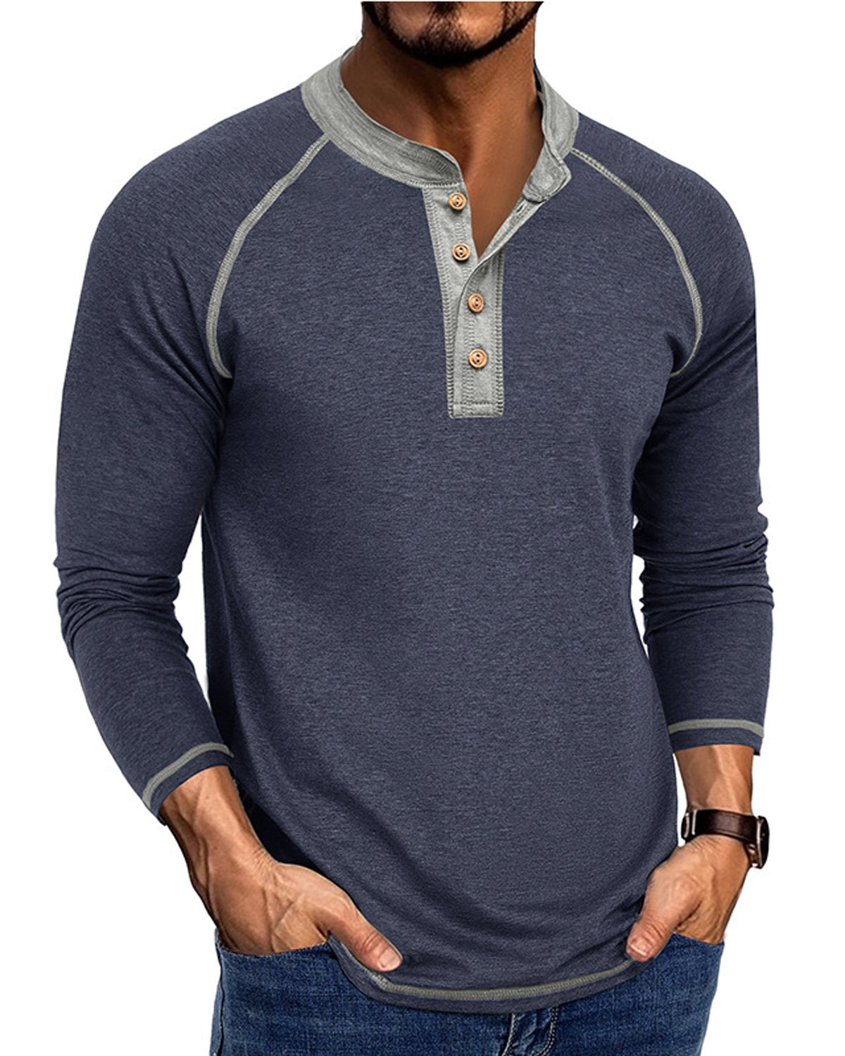 Alohadaddy® Men's Basic Solid Color Long-Sleeve Henley Polo Shirt