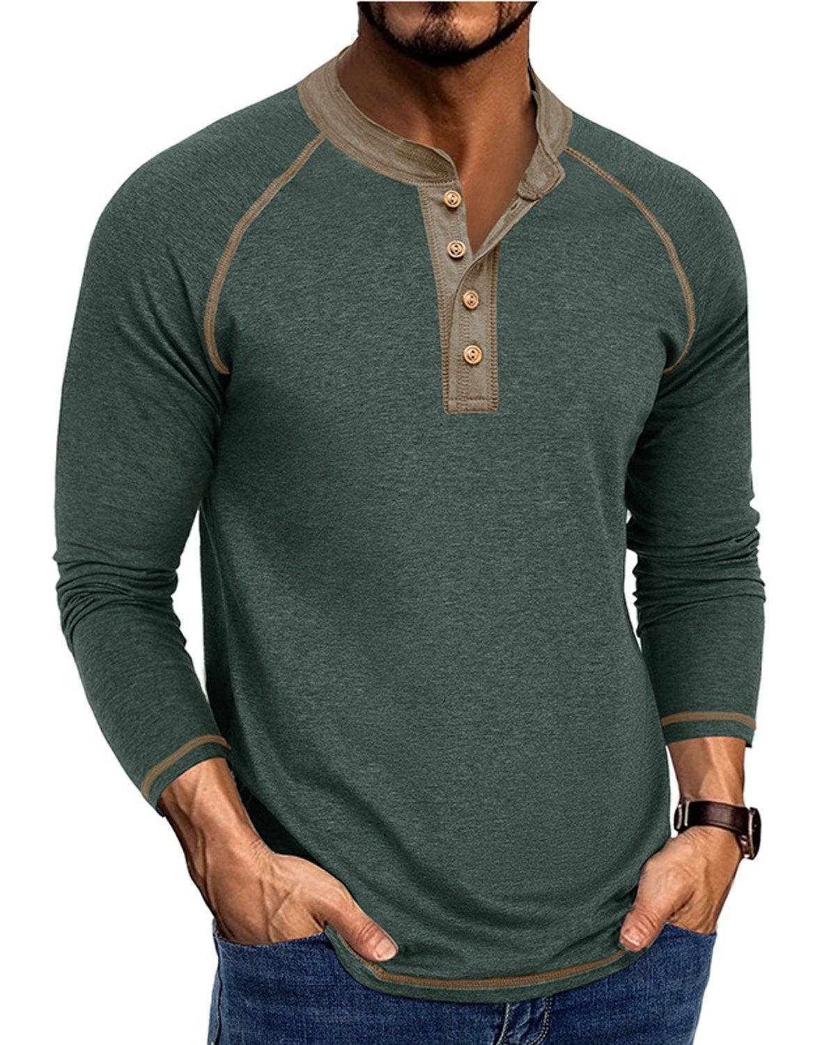 Alohadaddy® Men's Basic Solid Color Long-Sleeve Henley Polo Shirt