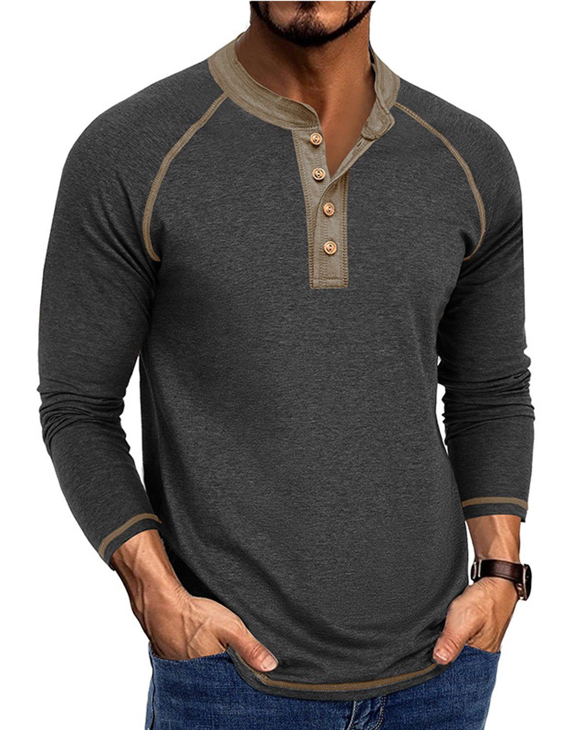 Alohadaddy® Men's Basic Solid Color Long-Sleeve Henley Polo Shirt