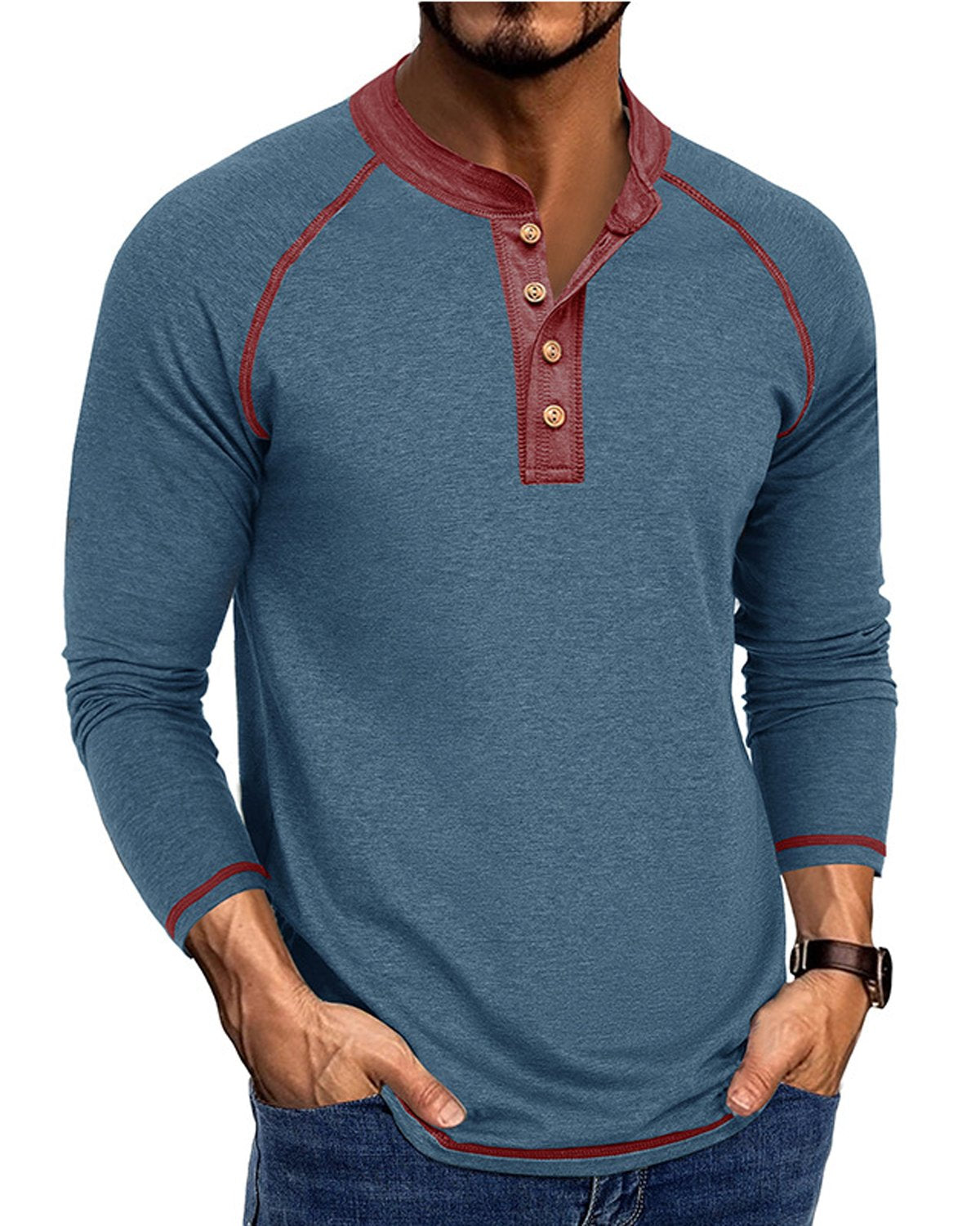 Alohadaddy® Men's Basic Solid Color Long-Sleeve Henley Polo Shirt