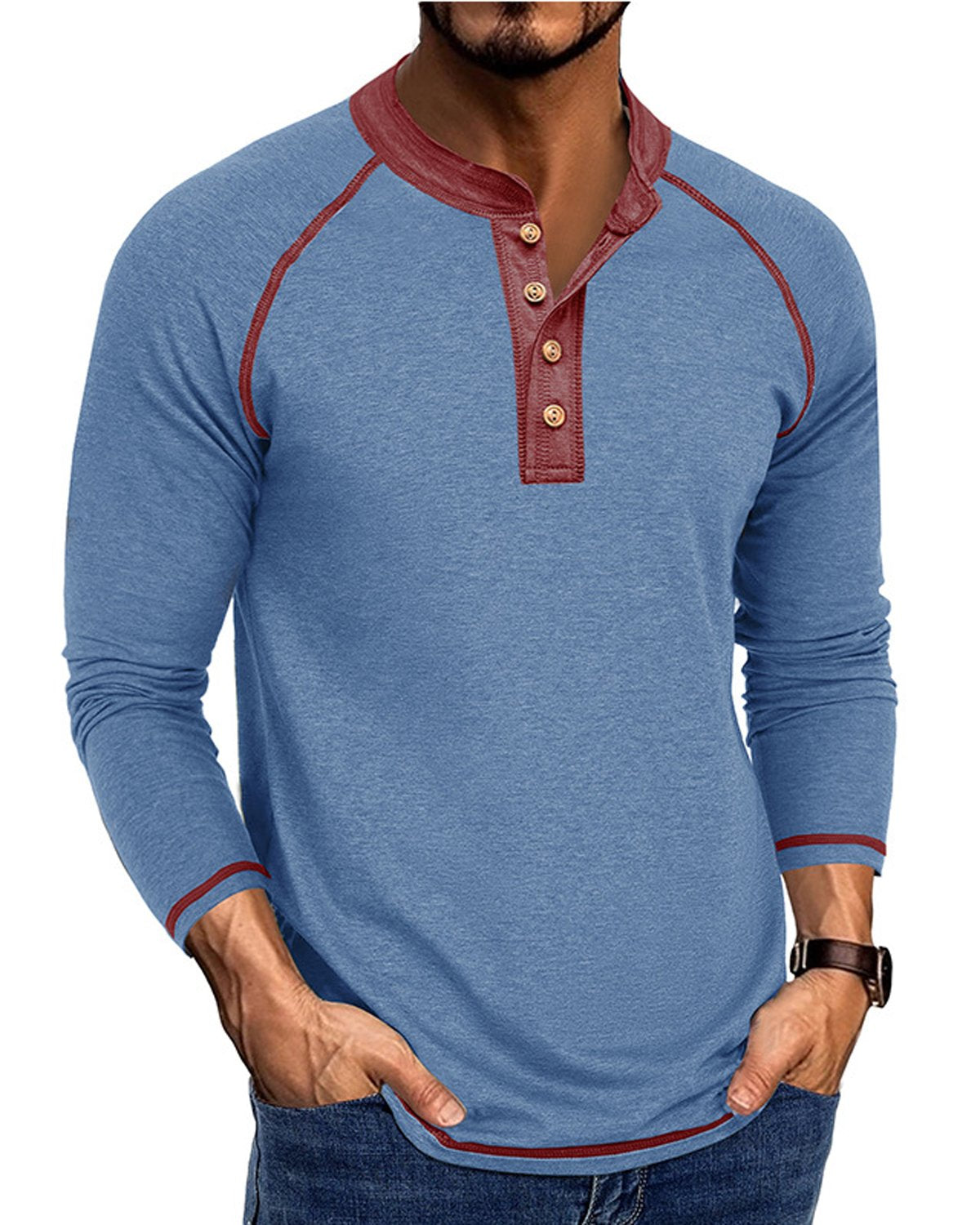 Alohadaddy® Men's Basic Solid Color Long-Sleeve Henley Polo Shirt